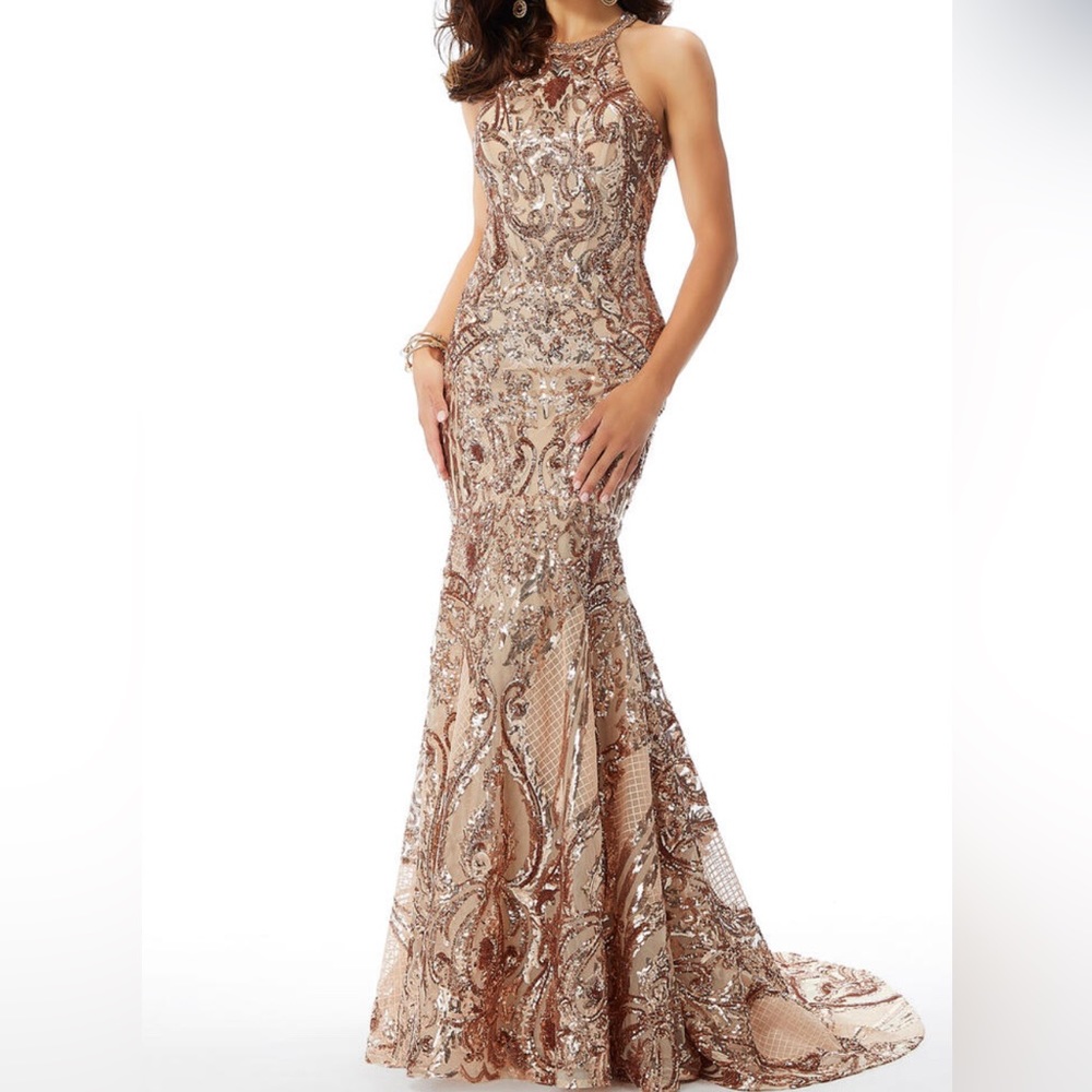 Rose gold high neck corset back sequin prom / formal dress size 8.